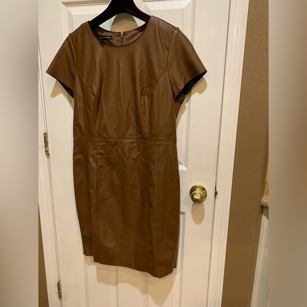 INC International Concepts Brown Faux Leather Mini Sheath Dress
